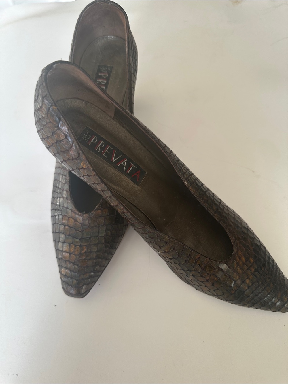 Prevata Women's Pointed Toe Snake-skinEmbossed  heals in Dark BrownMade in Italy